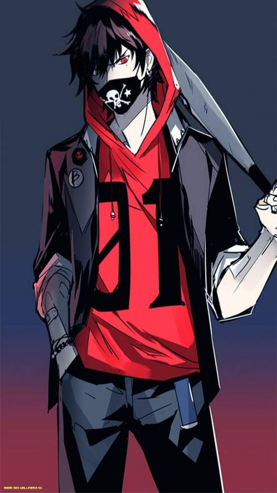 Anime Boy in Red Hoodie and Skull Mask with Dark Jacket and Cybernetic Arm HD phone wallpaper
