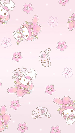 Cute My Melody and Kiki Bunny Cherry Blossom Pattern Wallpaper HD phone wallpaper