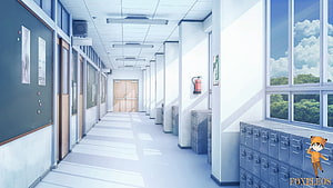 Sunlit Japanese School Hallway Anime Background with Lockers and Windows HD wallpaper