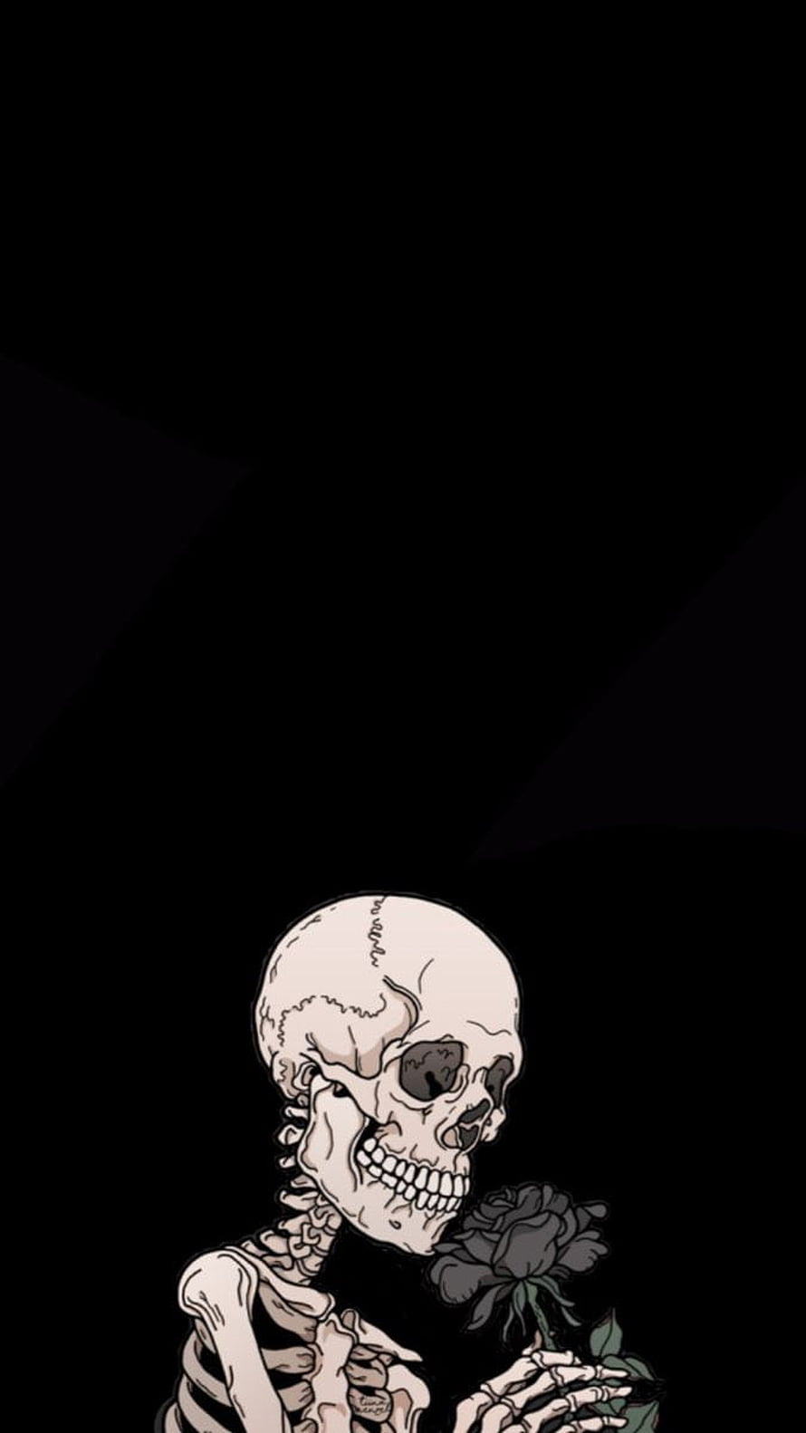 Skeleton holding a dark rose against a black background in a minimalist tattoo style HD phone wallpaper