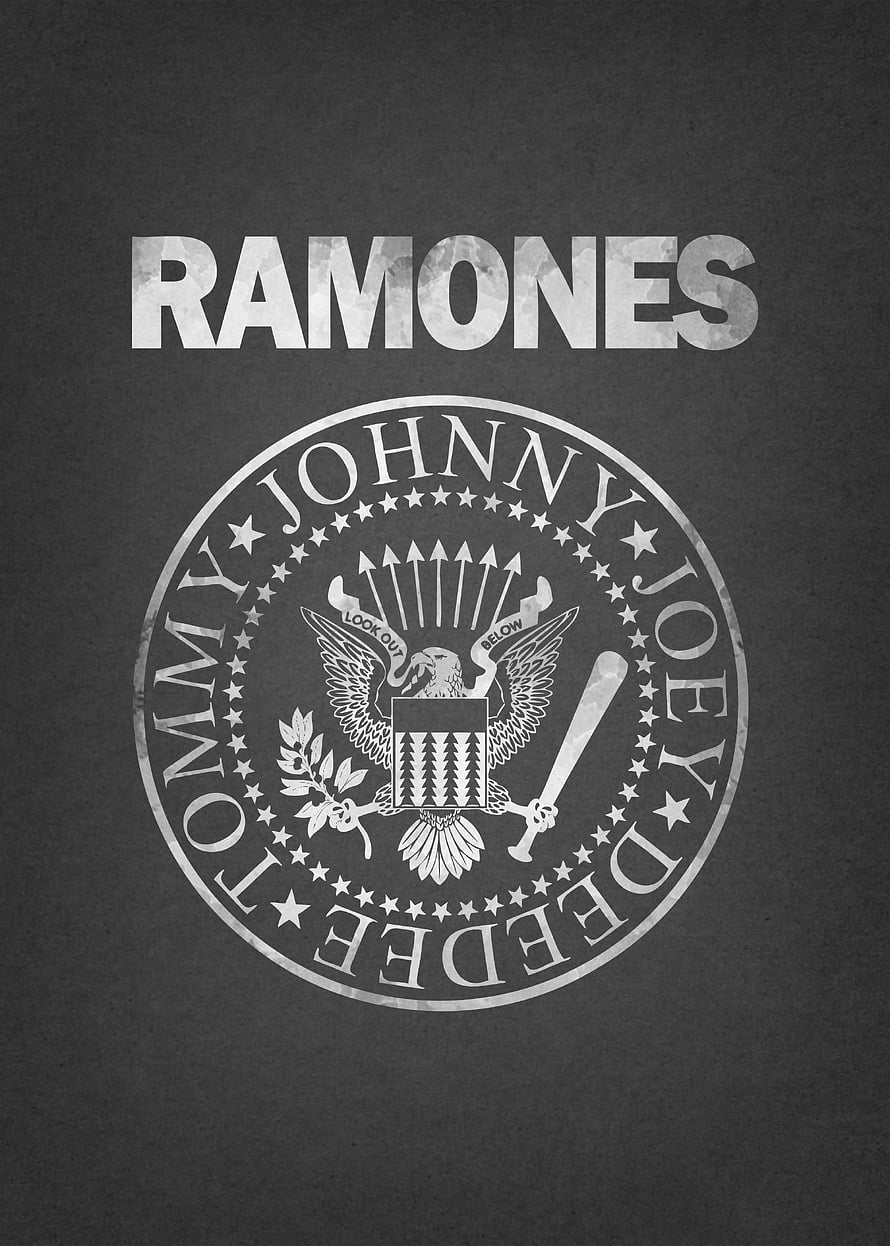 Ramones Band Logo Poster with Eagle Emblem and Look Out Below Motto on Dark Background HD phone wallpaper
