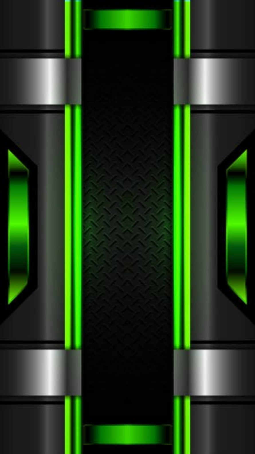 Futuristic Black and Silver Tech Panel with Neon Green Accents and Geometric Patterns HD phone wallpaper