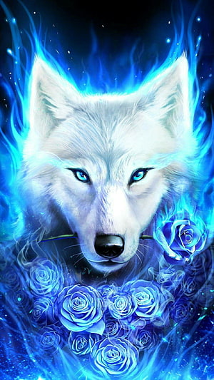 Mystical White Wolf with Blue Flames and Roses Fantasy Digital Art HD phone wallpaper