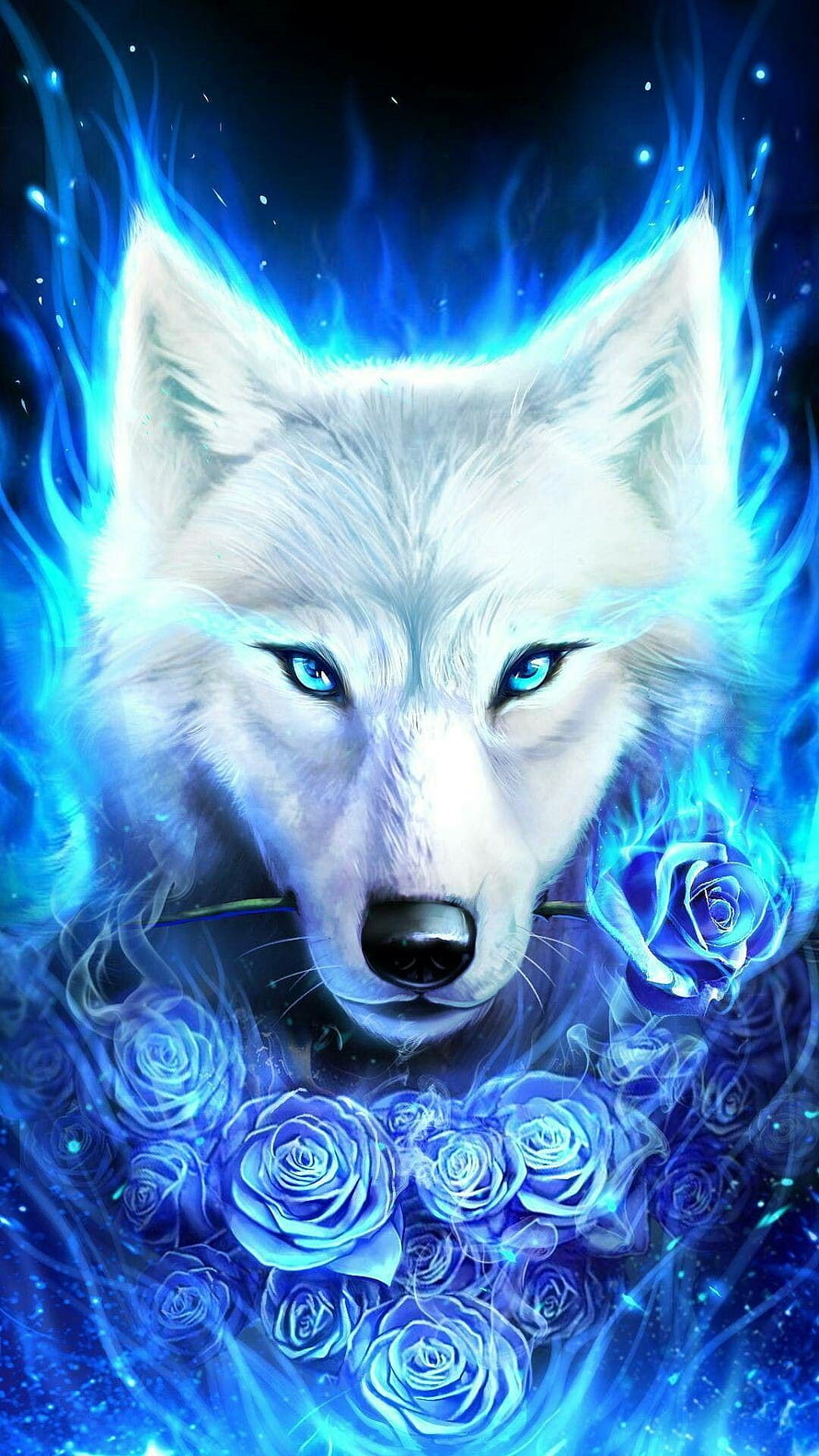 Mystical White Wolf with Blue Flames and Roses Fantasy Digital Art HD phone wallpaper