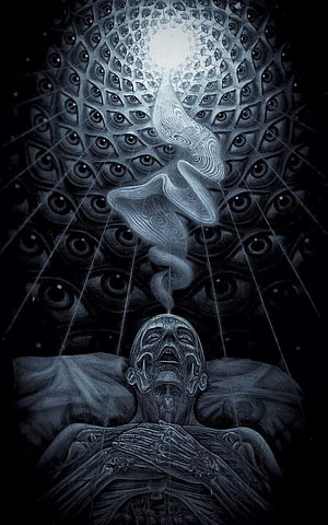 Surreal Dark Art of Screaming Figure with Smoke and All-Seeing Eyes Background HD phone wallpaper