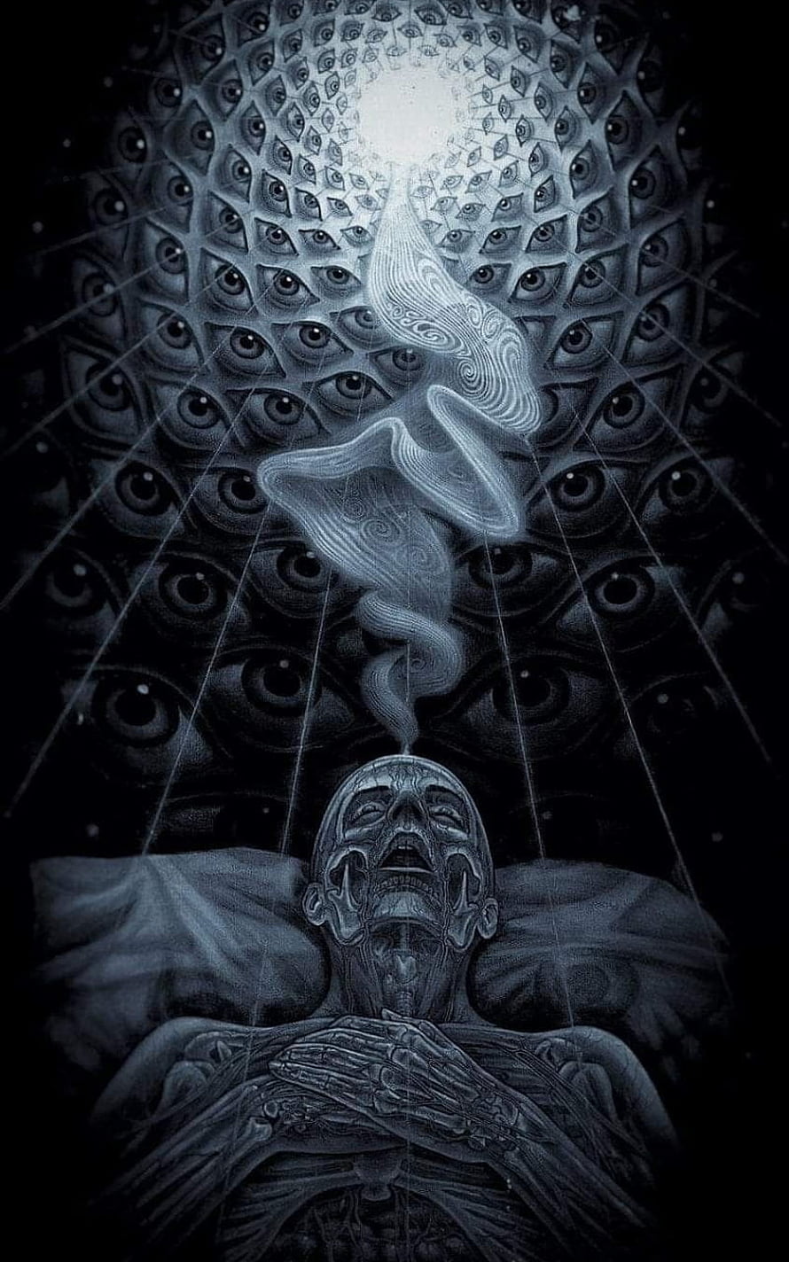 Surreal Dark Art of Screaming Figure with Smoke and All-Seeing Eyes Background HD phone wallpaper