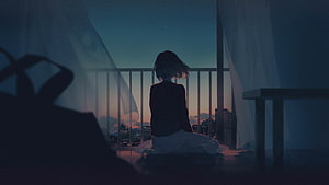 Anime Girl Sitting on Balcony Watching City Sunset HD wallpaper