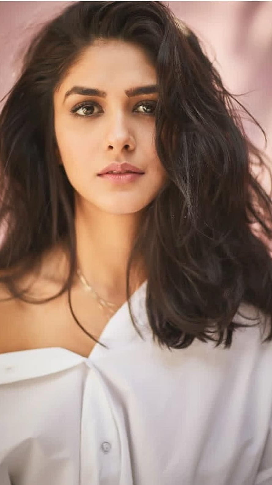 Mrunal Thakur Portrait in White Shirt with Flowing Dark Hair HD phone wallpaper