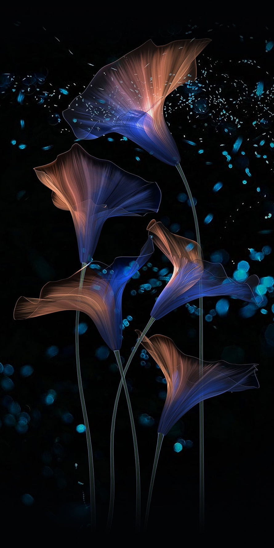 Ethereal Glowing Blue and Orange Flowers on Dark Background HD phone wallpaper