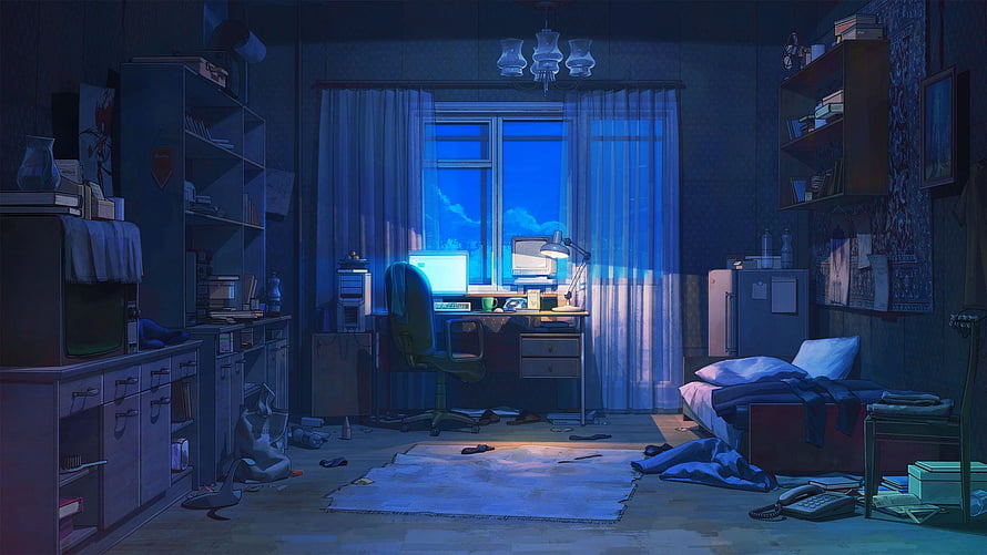 Moody Anime Bedroom Interior at Night with Glowing Computer Desk and Blue Window Light HD wallpaper