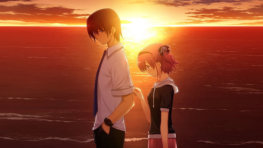 Anime Couple Standing by the Sea at Sunset with Melancholic Mood HD wallpaper
