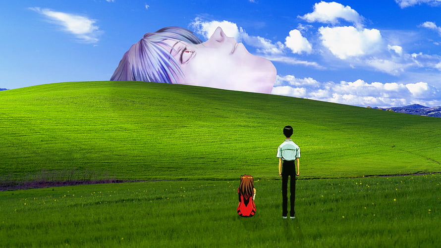 The End of Evangelion Giant Face on Hill with Shinji and Rei in Grass Field HD wallpaper