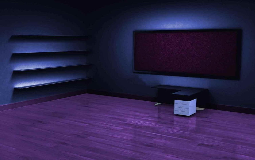 Dark Minimalist Room with Purple Neon Lighting and Static TV Screen HD wallpaper