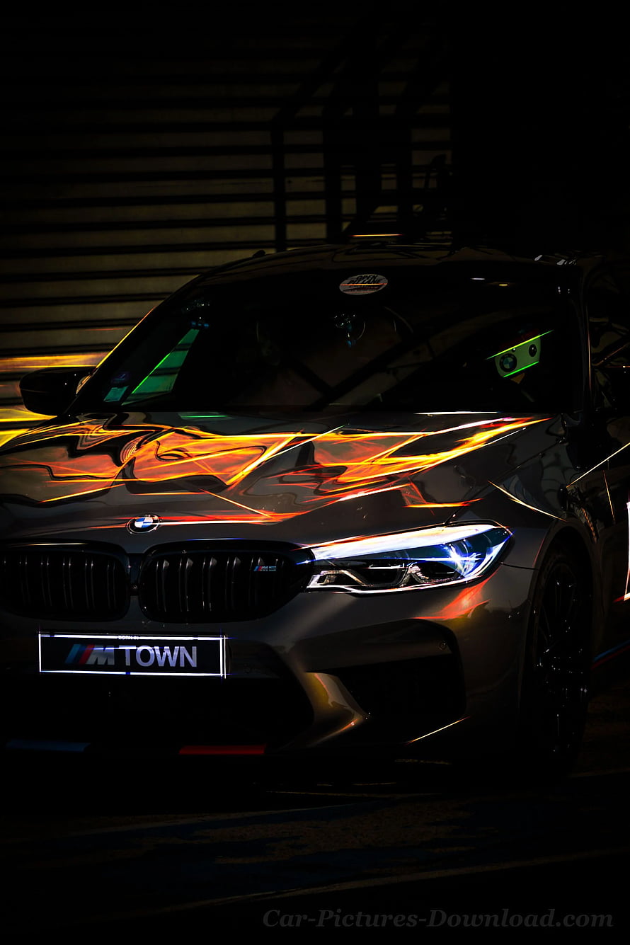Dark BMW M3 with Neon Light Reflections and M Town License Plate HD phone wallpaper