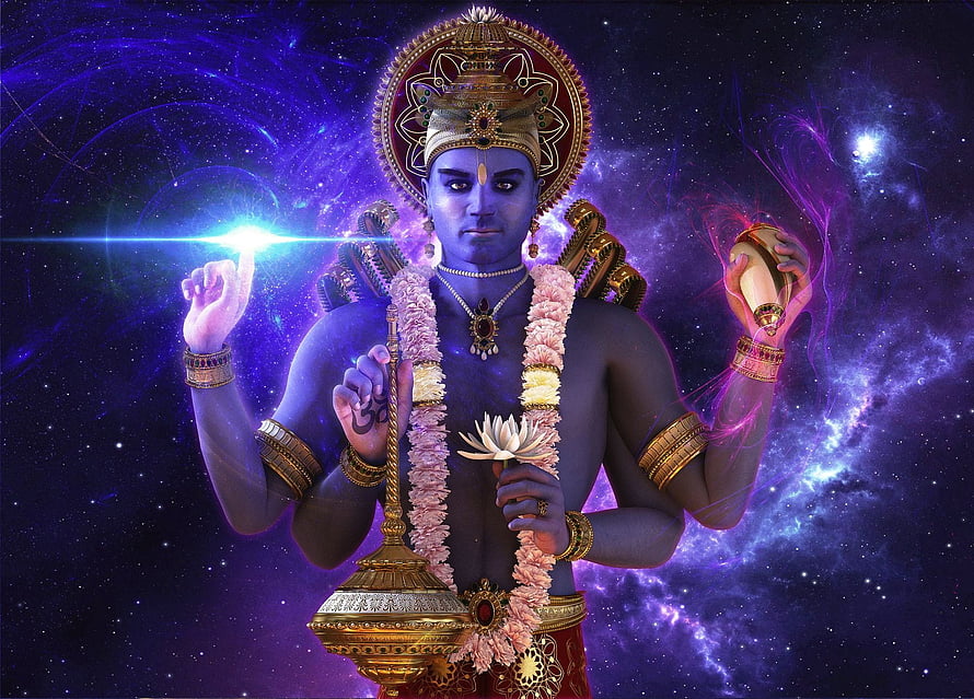 Lord Krishna Cosmic Portrait with Sudarshan Chakra and Lotus in a Vibrant Nebula HD wallpaper