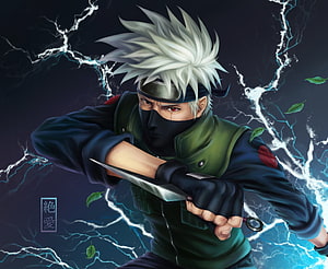 Kakashi Hatake wielding a kunai with lightning effects in a dynamic anime illustration HD wallpaper