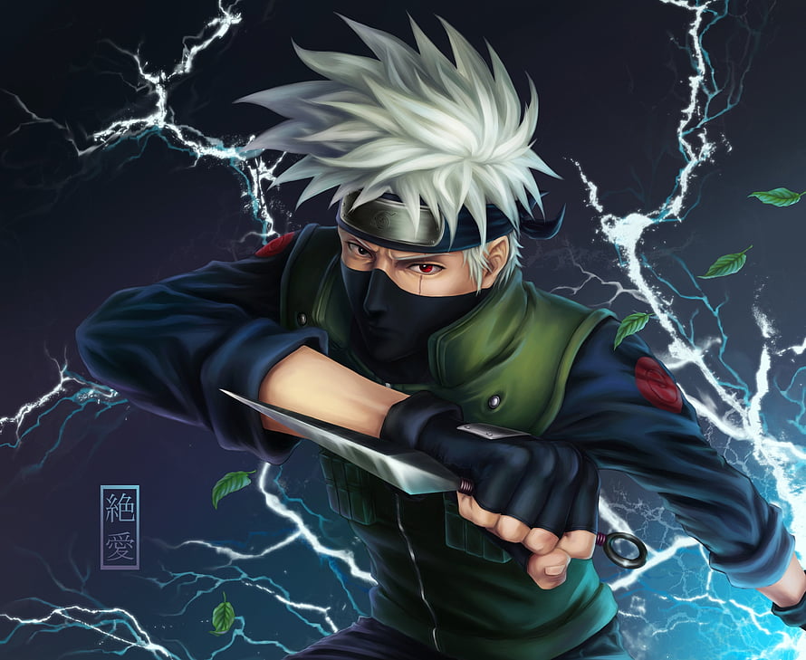 Kakashi Hatake wielding a kunai with lightning effects in a dynamic anime illustration HD wallpaper