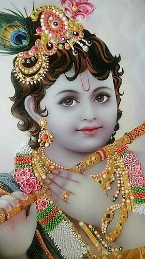 Baby Krishna Portrait With Peacock Feather Crown And Traditional Jewelry HD phone wallpaper