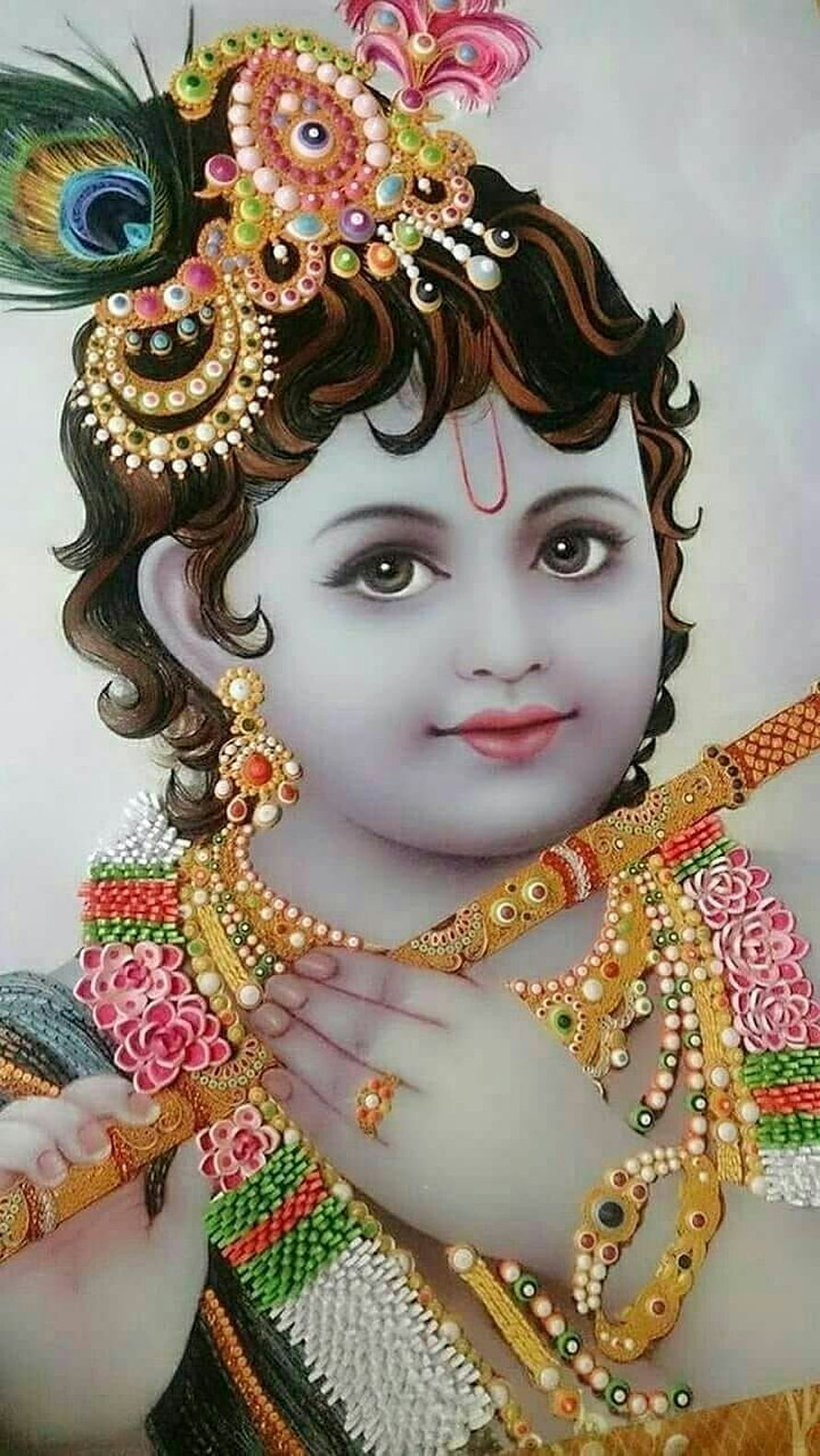 Baby Krishna Portrait With Peacock Feather Crown And Traditional Jewelry HD phone wallpaper