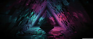 Neon-lit abstract 3D tunnel with a floating rock in a dark geometric corridor HD wallpaper