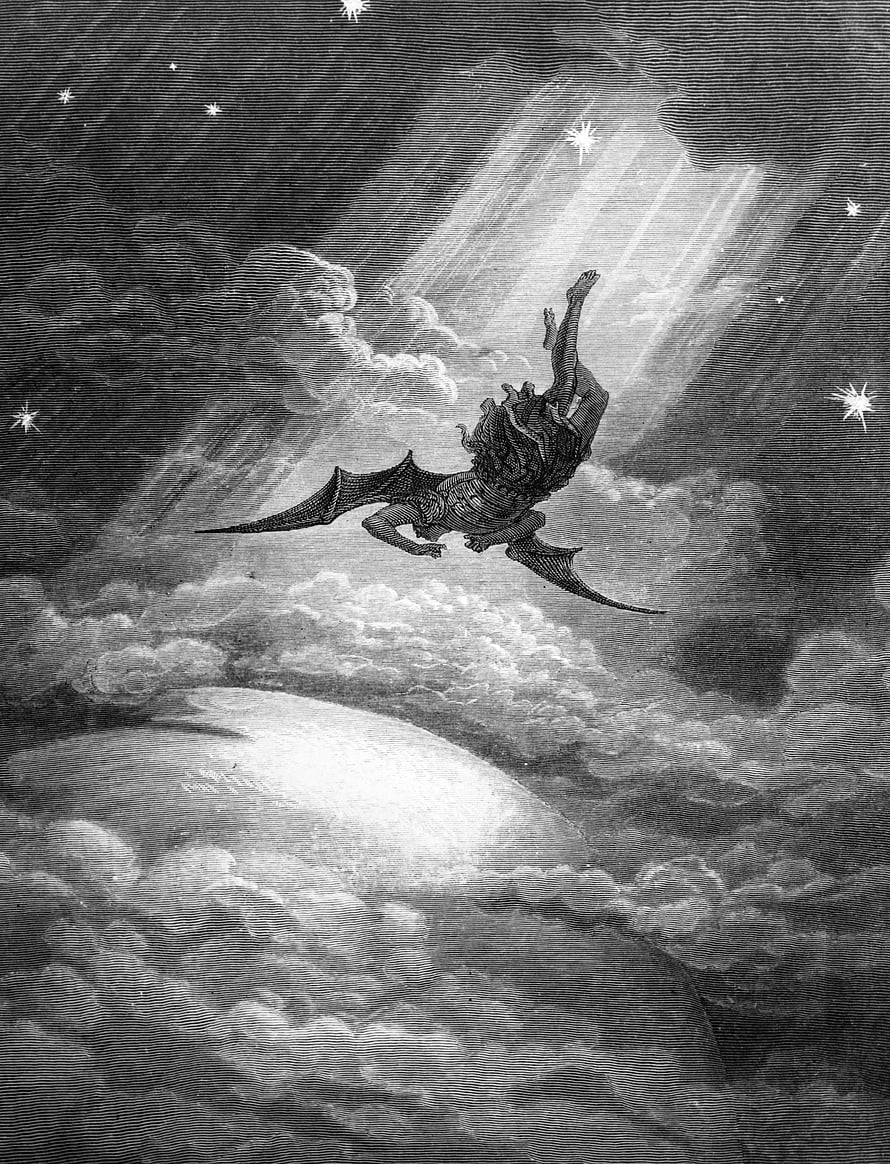 Gustave Doré Engraving of a Winged Demon Tumbling Through a Starlit Night Sky HD phone wallpaper