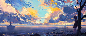 Anime Girl Watching Sunset Over Ocean With Sailboat And Colorful Clouds HD wallpaper