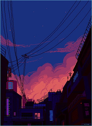 Pixel Art Cityscape at Dusk with Neon Signs and Power Lines HD phone wallpaper