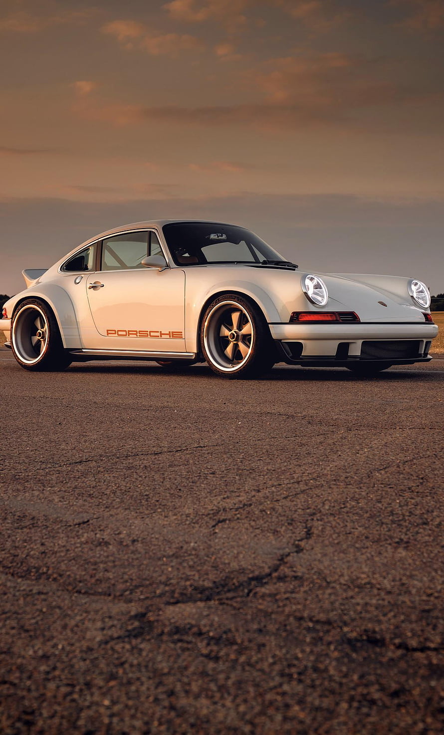 White Porsche 911 Widebody Coupe on Asphalt at Sunset HD phone wallpaper