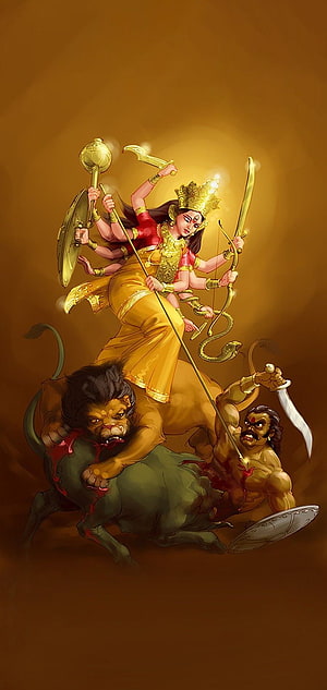 Durga Mata slaying Mahishasura on lion digital art wallpaper HD phone wallpaper