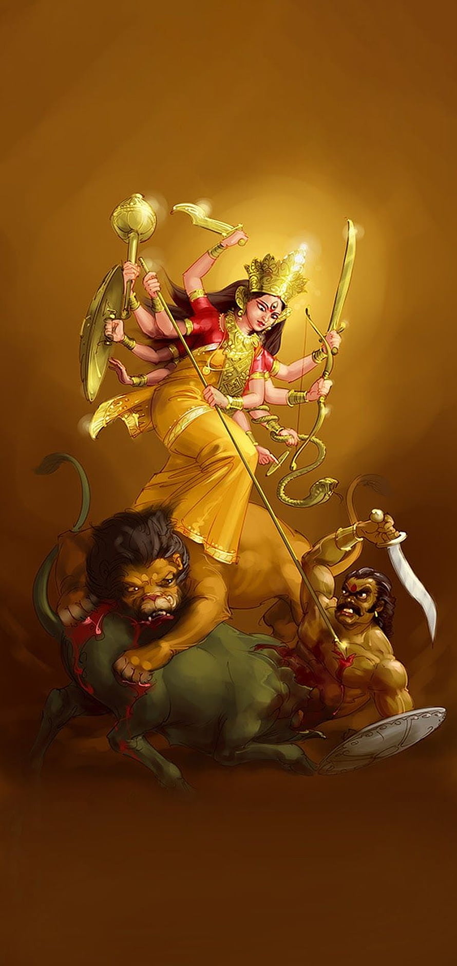 Durga Mata slaying Mahishasura on lion digital art wallpaper HD phone wallpaper