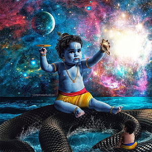 Baby Krishna Sitting on Cosmic Serpent Sheshnag in Galaxy Space Art HD phone wallpaper