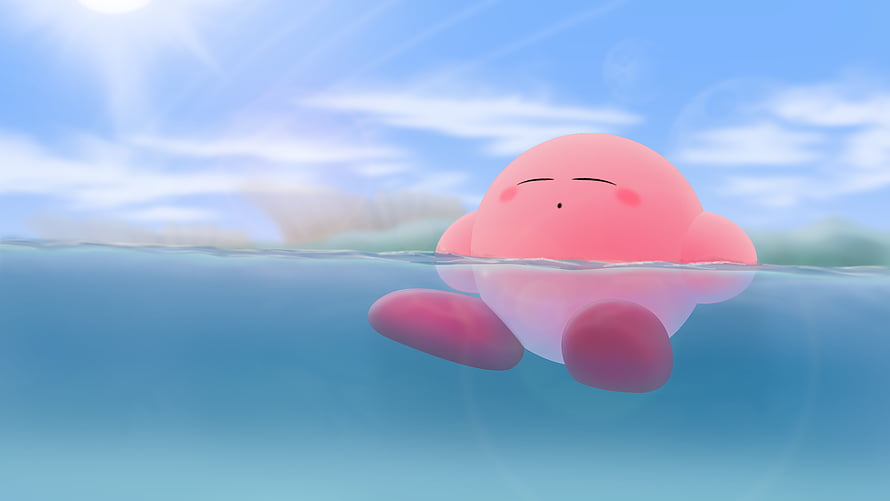Kirby Floating Peacefully in Clear Blue Water Under a Sunny Sky HD wallpaper