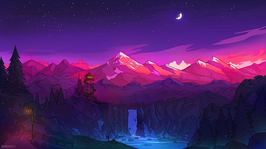 Purple Mountain Landscape With Waterfall And Night Sky Digital Art HD wallpaper