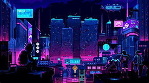 Neon Cyberpunk Cityscape with Silhouetted Figures and Glowing Signs HD wallpaper