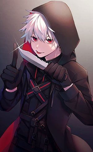 White-Haired Anime Boy in Dark Hooded Coat Holding a Knife HD phone wallpaper