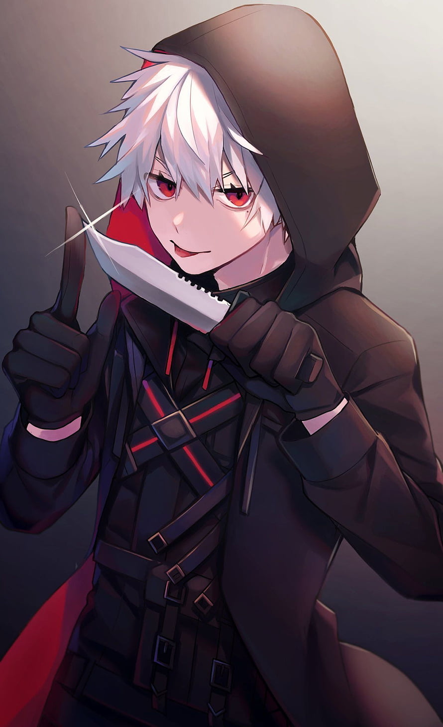 White-Haired Anime Boy in Dark Hooded Coat Holding a Knife HD phone wallpaper