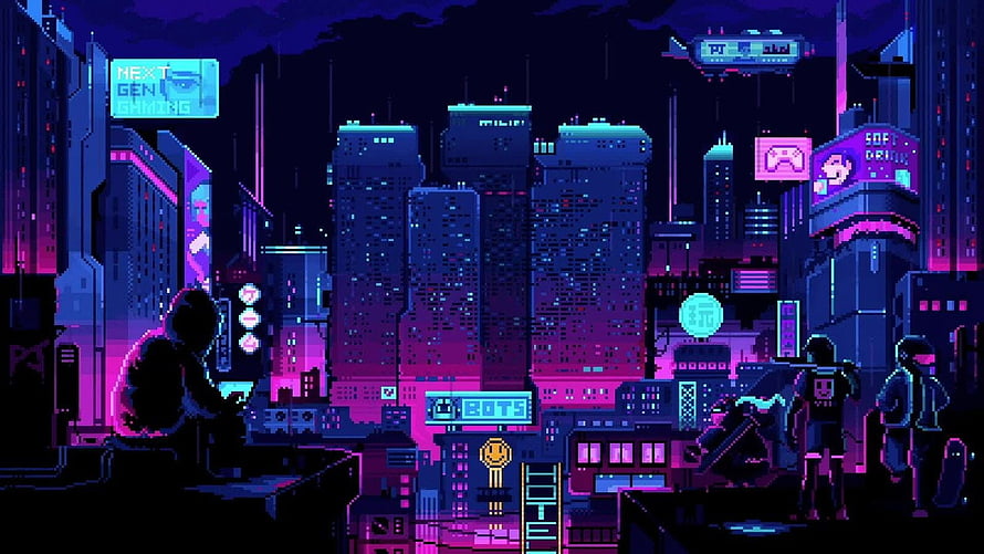 Neon Cyberpunk Cityscape Pixel Art with Silhouetted Figures and Futuristic Skyscrapers HD wallpaper