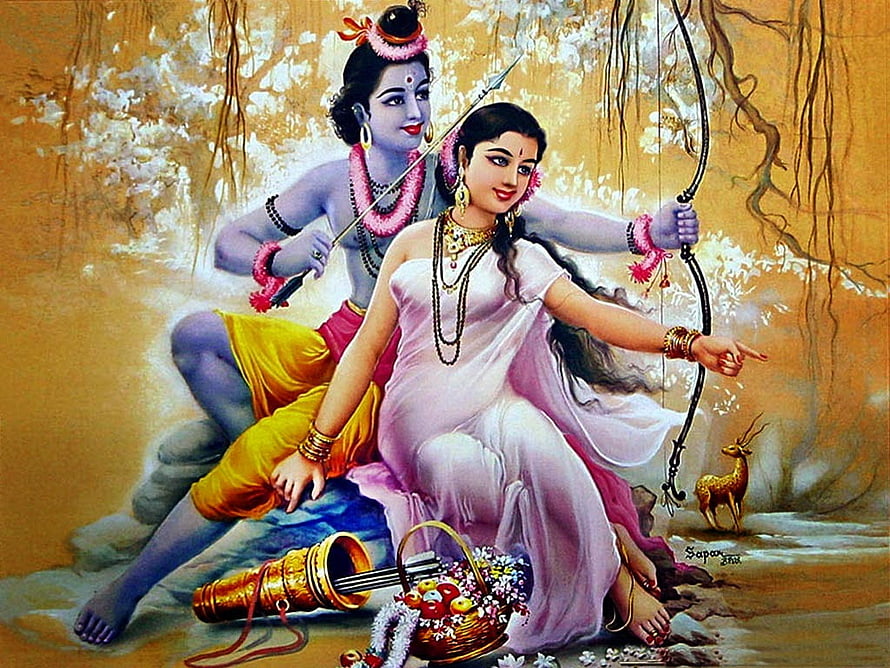 Radha and Krishna sitting together in a forest with a bow, flute, and deer HD wallpaper