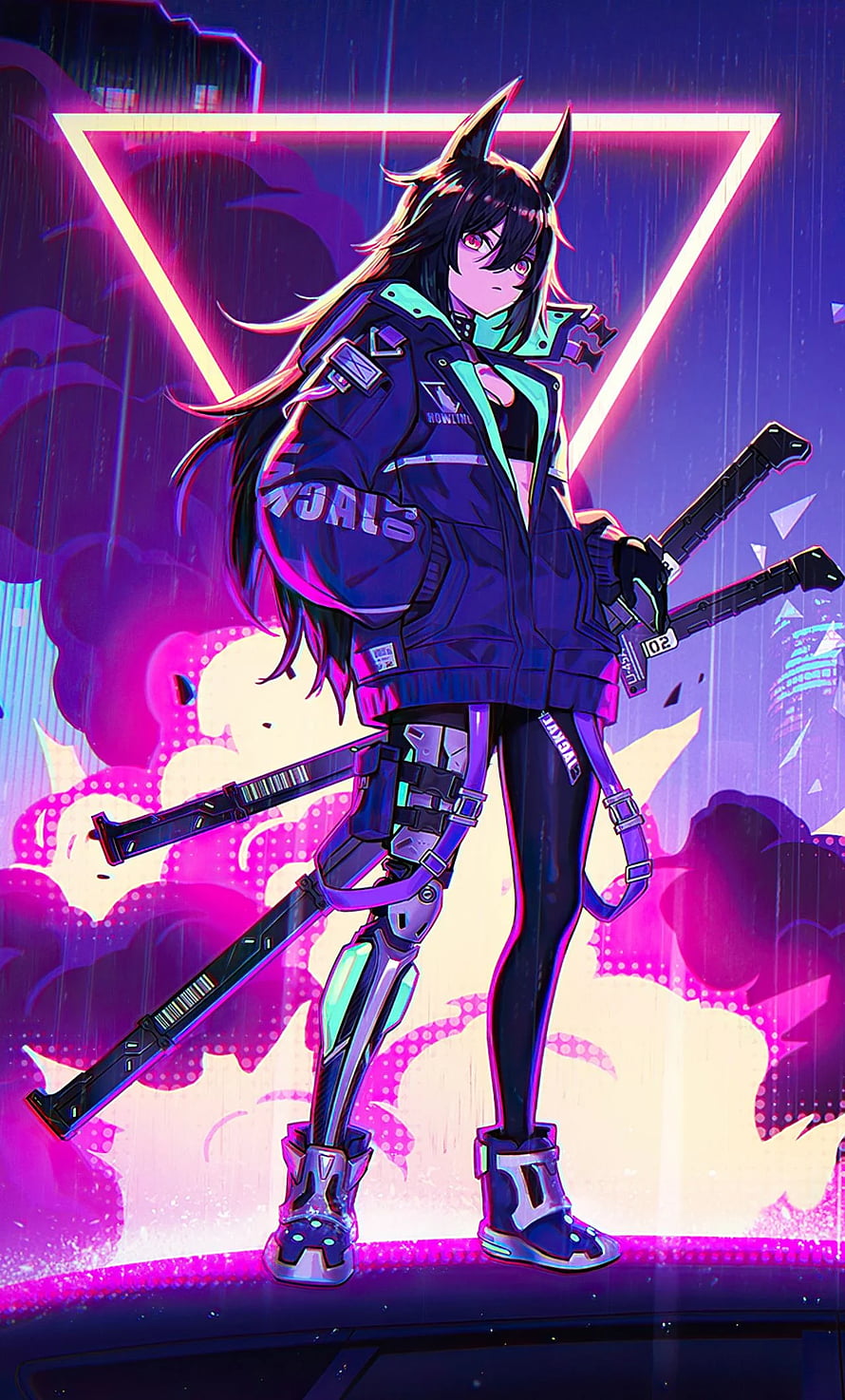 Cyberpunk Anime Girl With Wolf Ears And Dual Swords Neon Background HD phone wallpaper