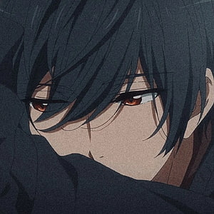 Close-up anime boy with dark hair and intense red eyes in moody aesthetic style HD phone wallpaper