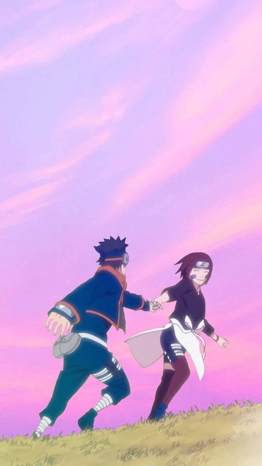 Naruto and Rin Nohara Running Together Under a Pink Sky HD phone wallpaper