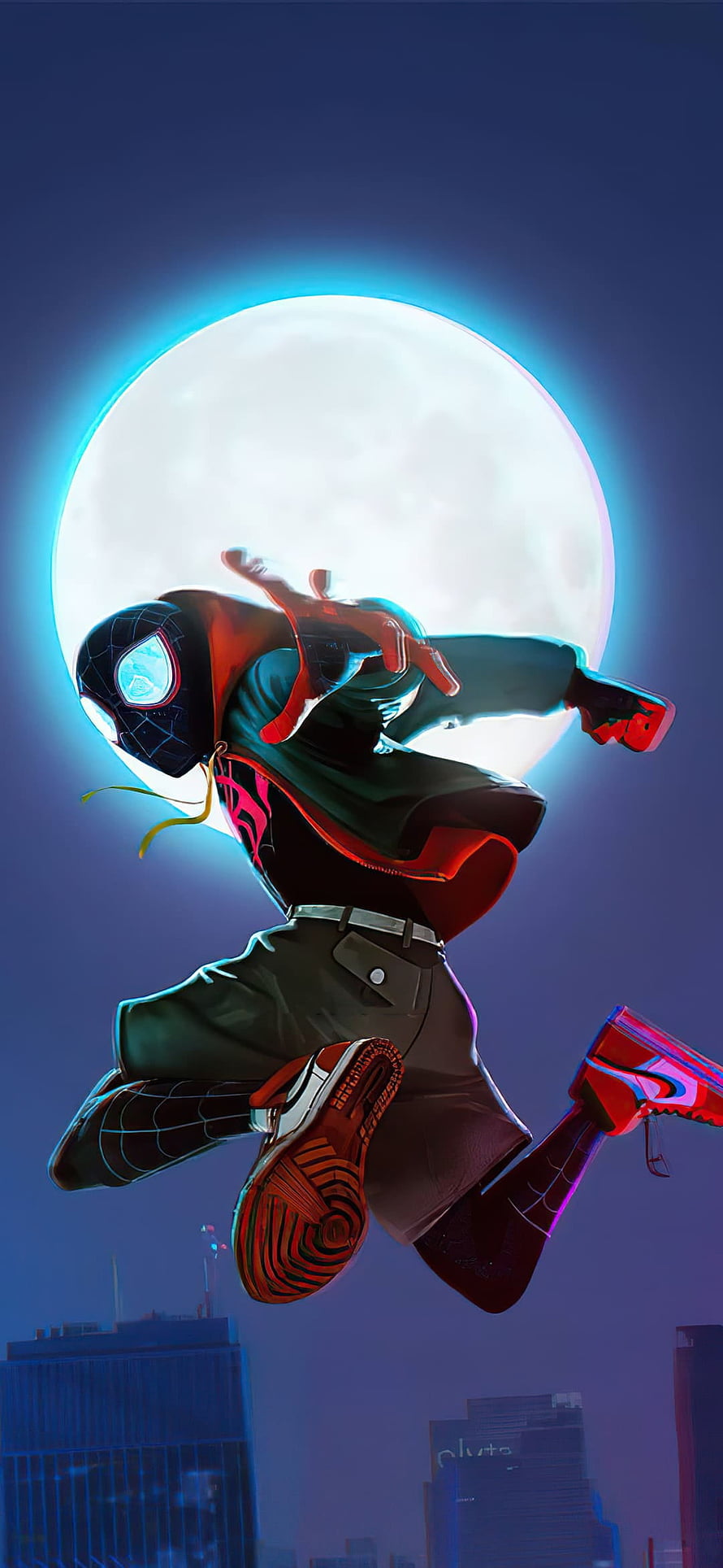 Miles Morales Spider-Man Leaping in Front of Giant Moon City Skyline, Top 45 Spider Man Miles Morales - Miles Morales Background, Cool Miles Morales HD phone wallpaper