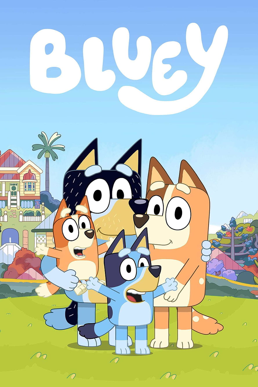 Bluey Heeler Family Group Hug in the Backyard with Bluey Logo HD phone wallpaper