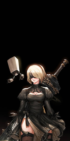 2B from Nier Automata in black dress with floating Pod 042 companion HD phone wallpaper