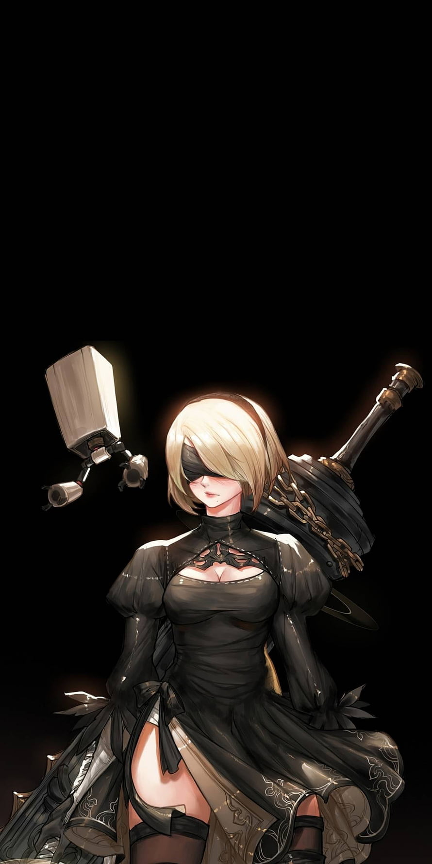 2B from Nier Automata in black dress with floating Pod 042 companion HD phone wallpaper