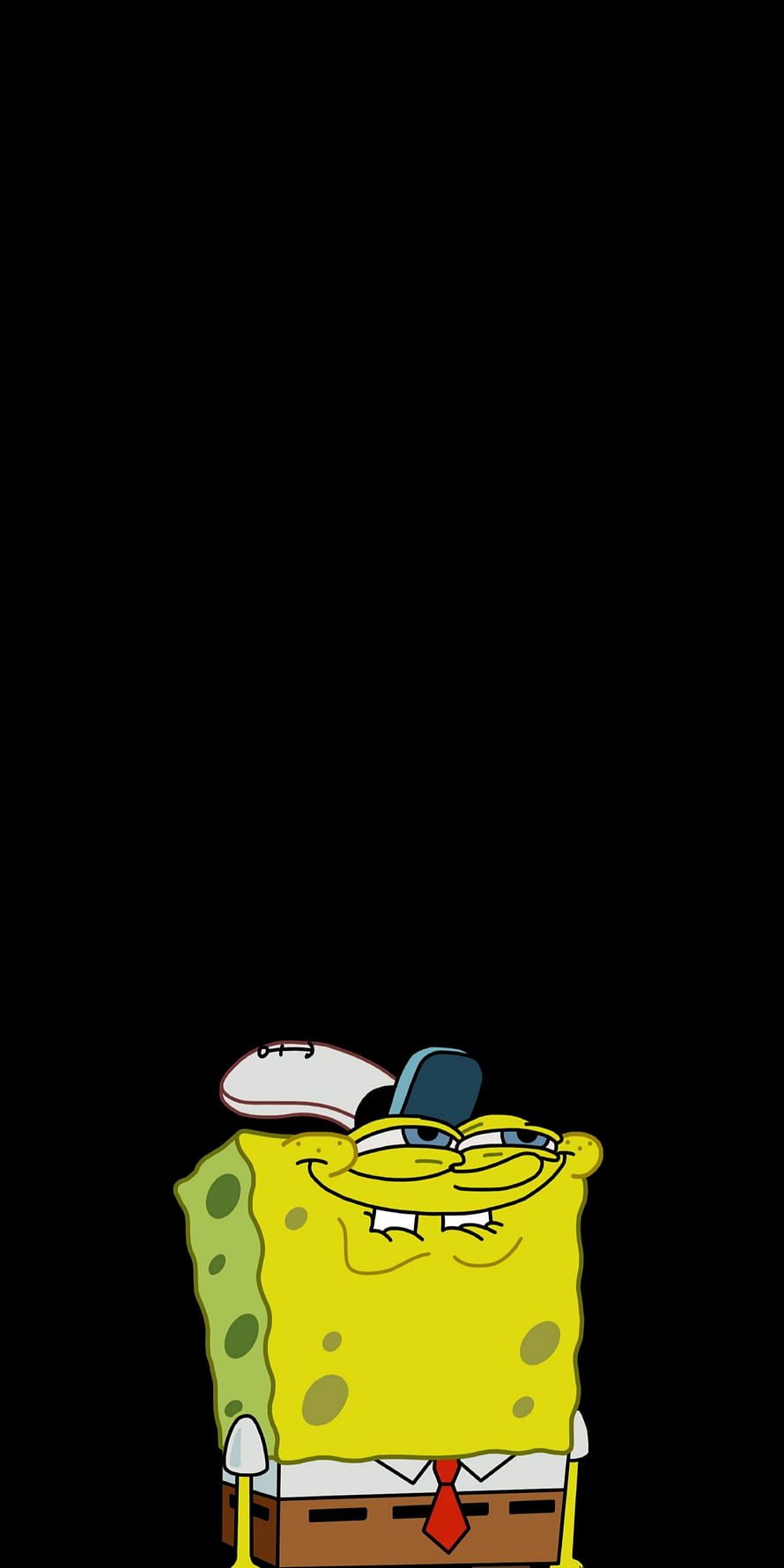 SpongeBob SquarePants Smirking in White Shirt and Red Tie on Black Background HD phone wallpaper