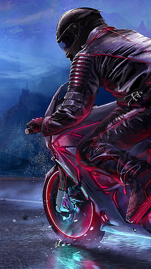 Cyberpunk Biker Leaning on Futuristic Motorcycle with Neon Lights HD phone wallpaper
