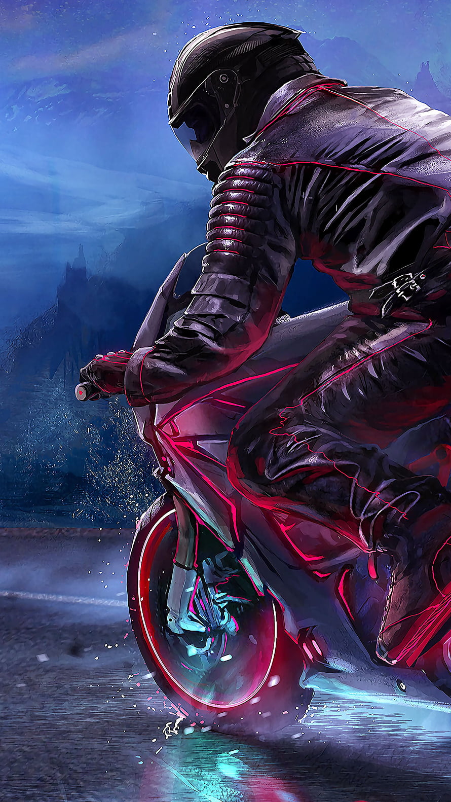 Cyberpunk Biker Leaning on Futuristic Motorcycle with Neon Lights HD phone wallpaper
