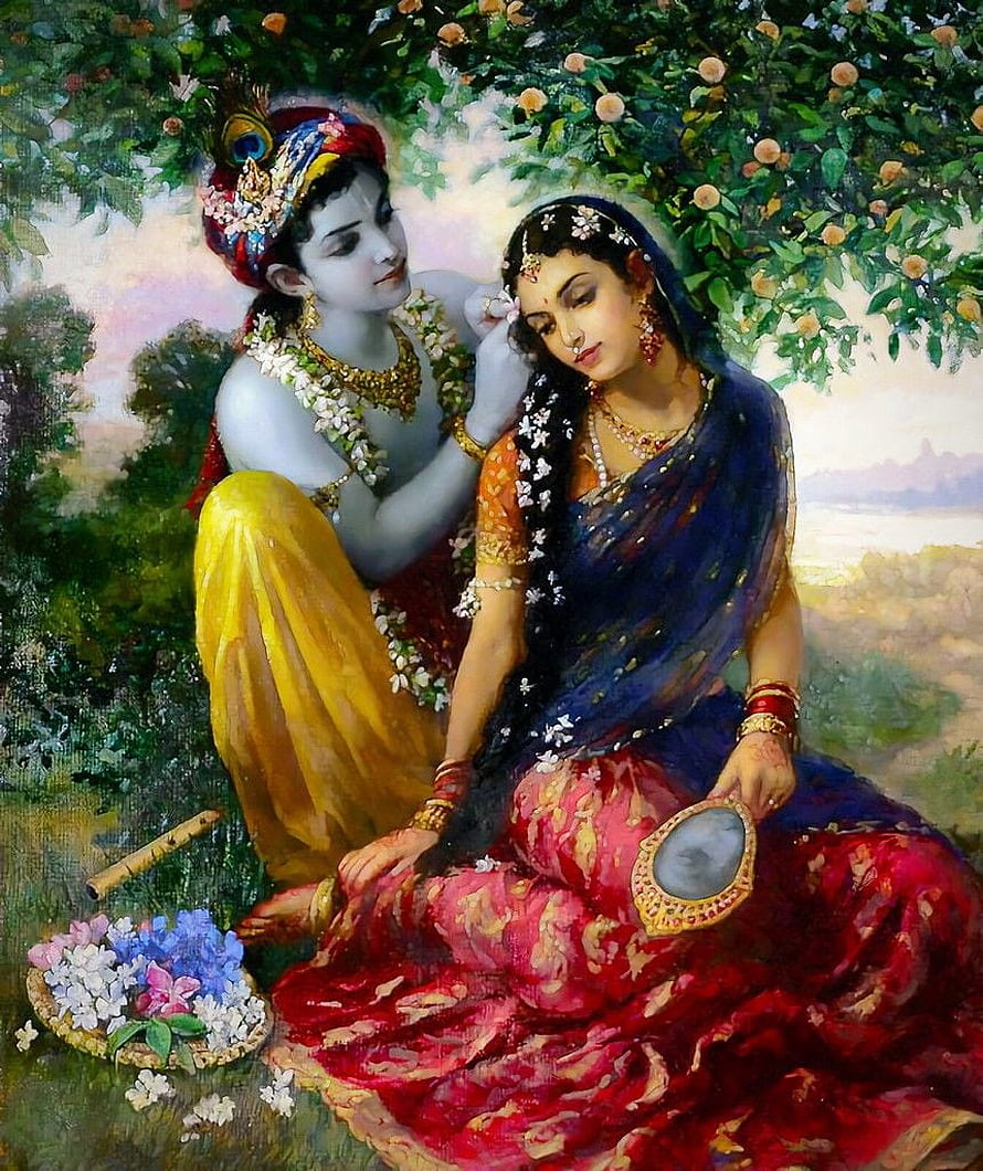 Radha Krishna Painting - Romantic Couple in Traditional Indian Attire with Flowers, Friends, In this collection of Radha Krishna , we have Radha Krishna , Radha Krishna H in 2021. Radha krishna holi, Krishna , Radha krishna, Lord Radha Krishna HD phone wallpaper