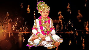 Swaminarayan Bhagwan in White Attire with Musical Notes on Dark Background HD wallpaper